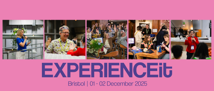 "Promotional banner for EXPERIENCEit, showing five photos of people speaking, laughing, and engaging at events. The text below reads: 'EXPERIENCEit, Bristol | 01 – 02 December 2025' on a pink background."