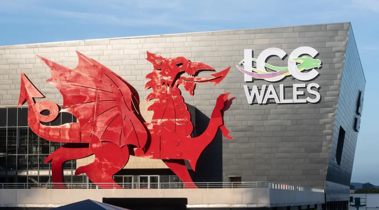 Welsh dragon in front of a event venue the ICC